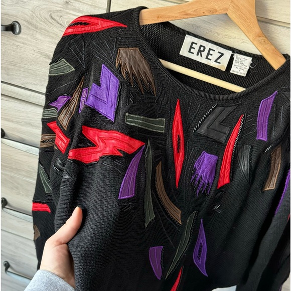 Erez Vintage Sweater with Leather Patches and Beading Size Small - Picture 3 of 9